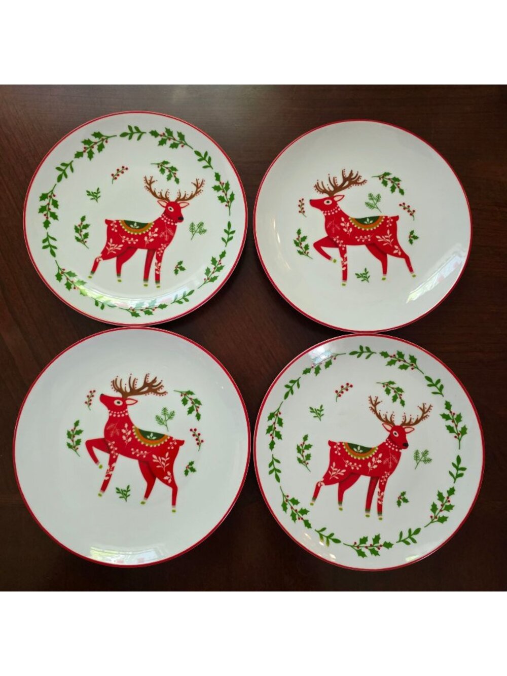 Set Of 4 Bee & Willow 8.5" Holiday Plates With Red Reindeer & Holly Design